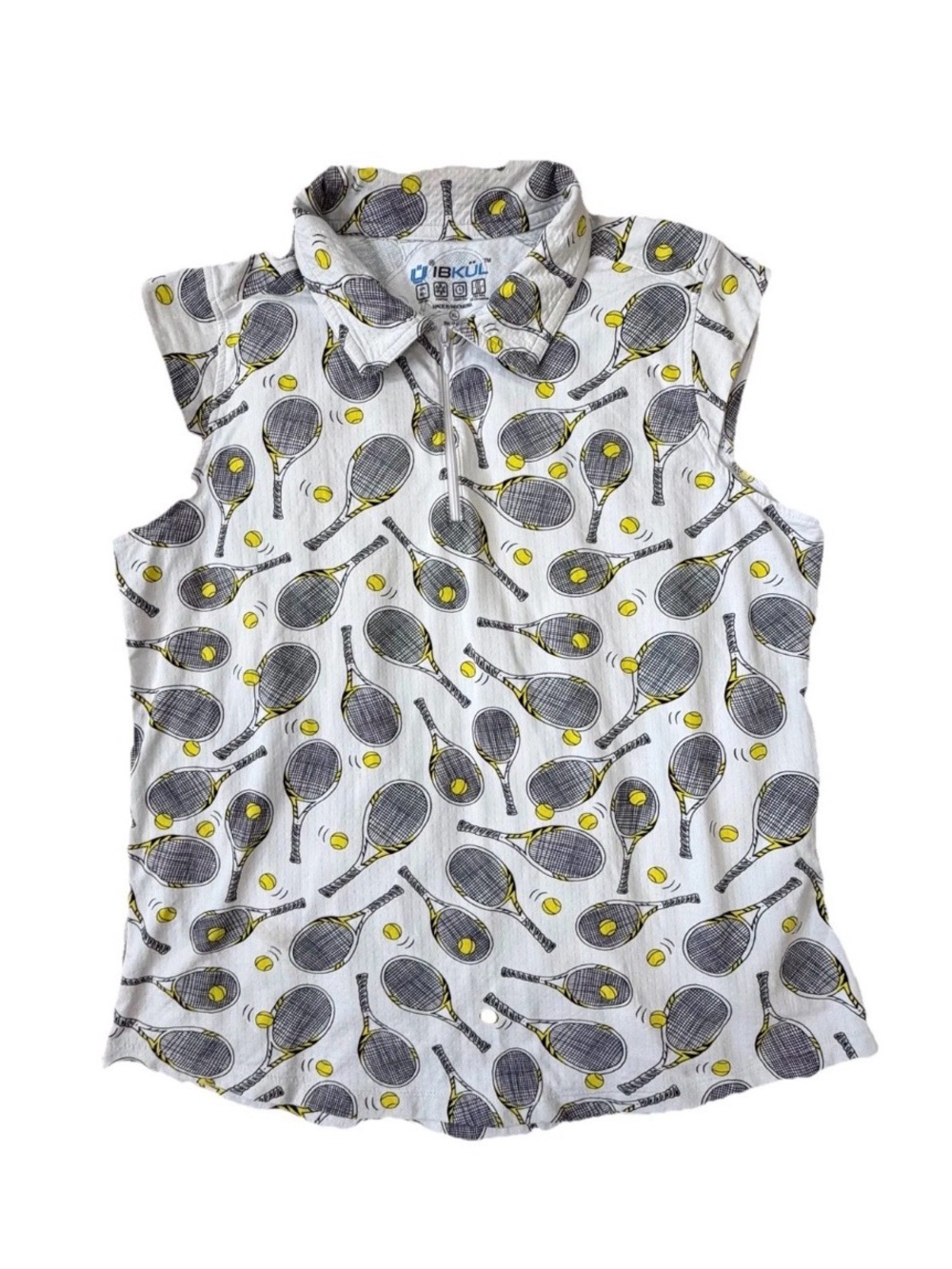 IBKUL Women's 1/4 Zip Sleeveless Polo Sz XL White Tennis Racquet Print